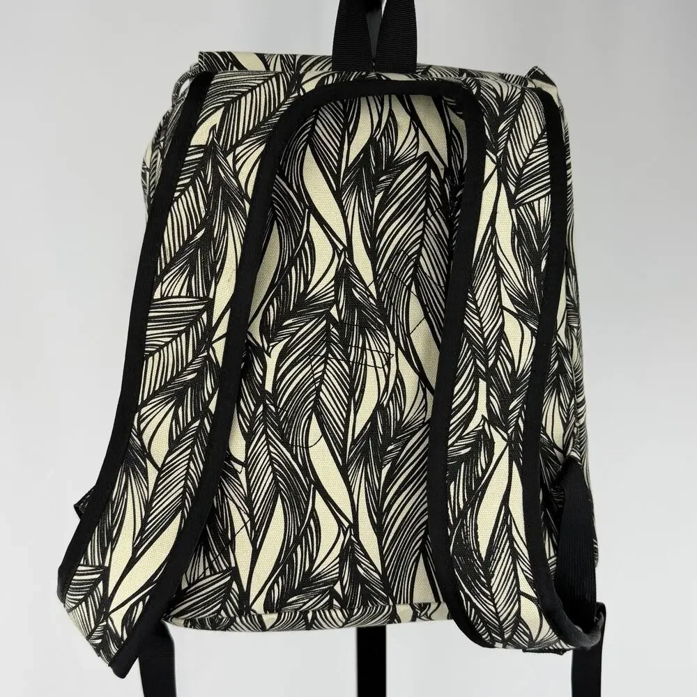 KAVU Feather Print Drawstring Backpack Cream Black Canvas Rucksack Daypack